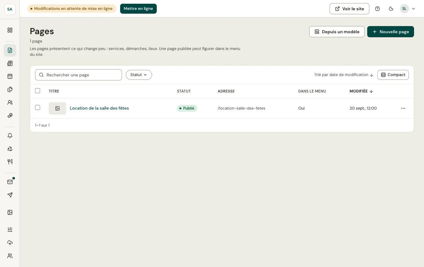 Écran Pages de l’administration : la liste des pages avec leur statut, leur adresse et leur date de modification, et le bouton « Nouvelle page ».